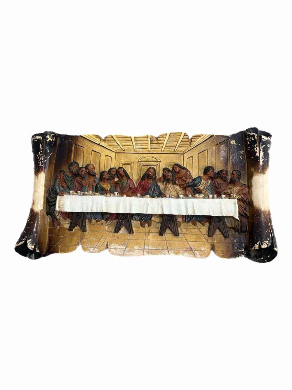 Vintage 3D Last Supper Wall Plaque with Scroll Border